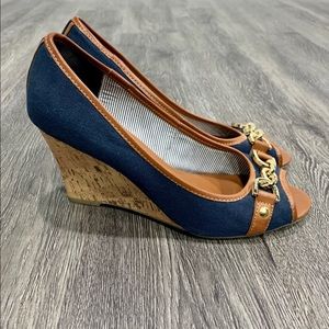 Tommy Hilfiger Navy & Brown Peep Toe Cork Wedges